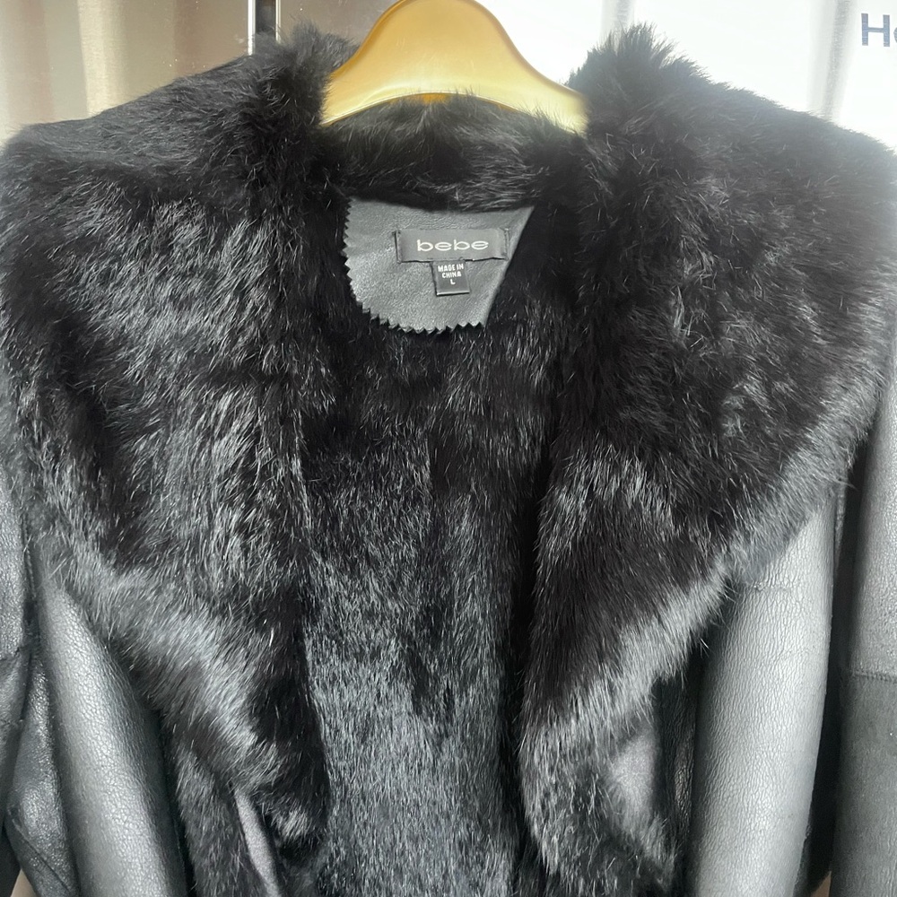 Bebe Black leather rabbit fur trenchcoat